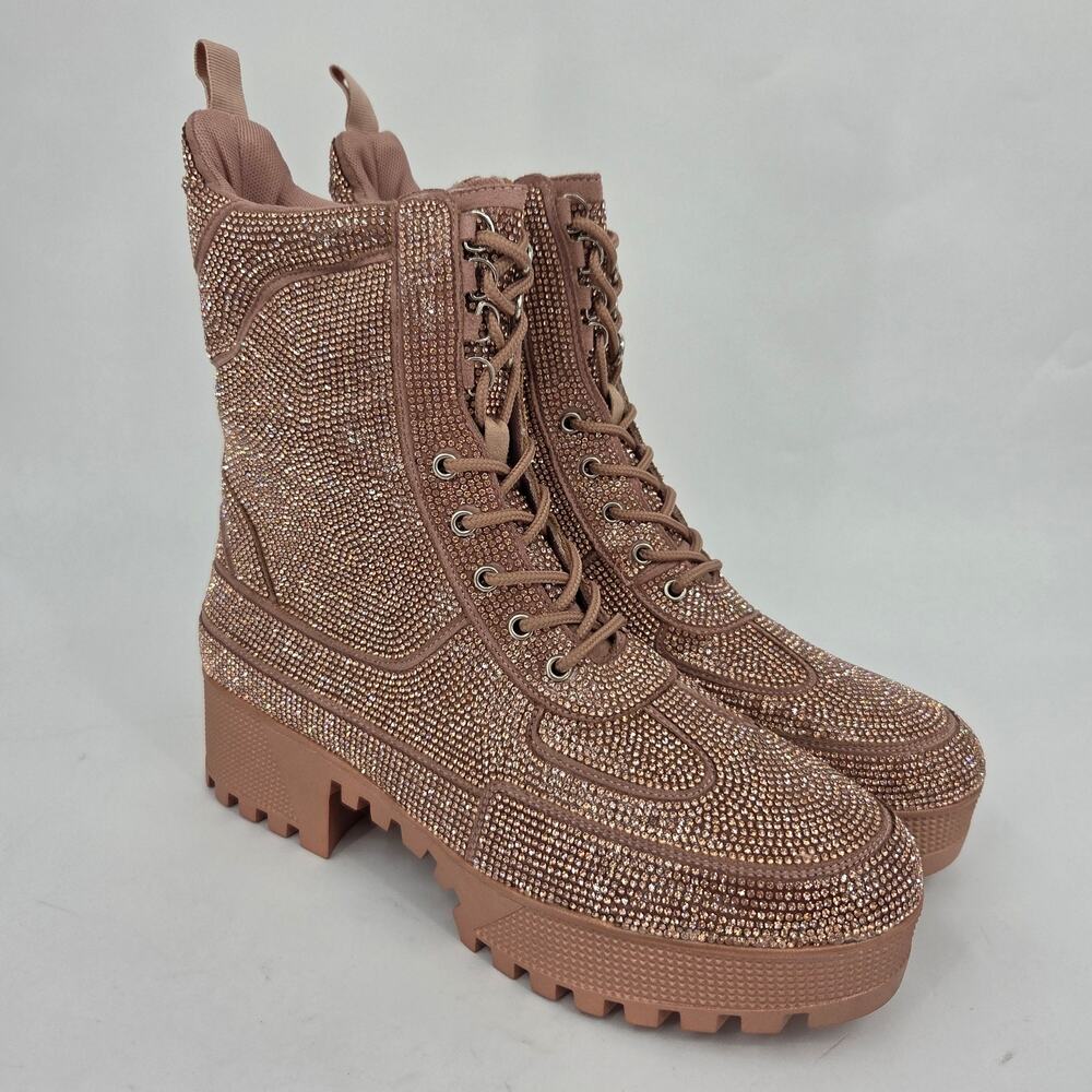 NEW Cape Robbin Rose Gold Kingston Rhinestone Platform Combat Boots Size 10